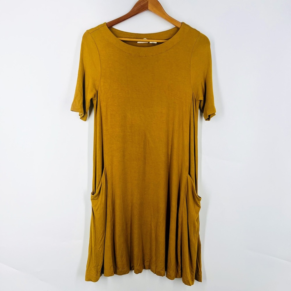 Sigrid Olsen Womens Mustard Short Sleeve Swing T-Shirt Dress with Pockets Size S